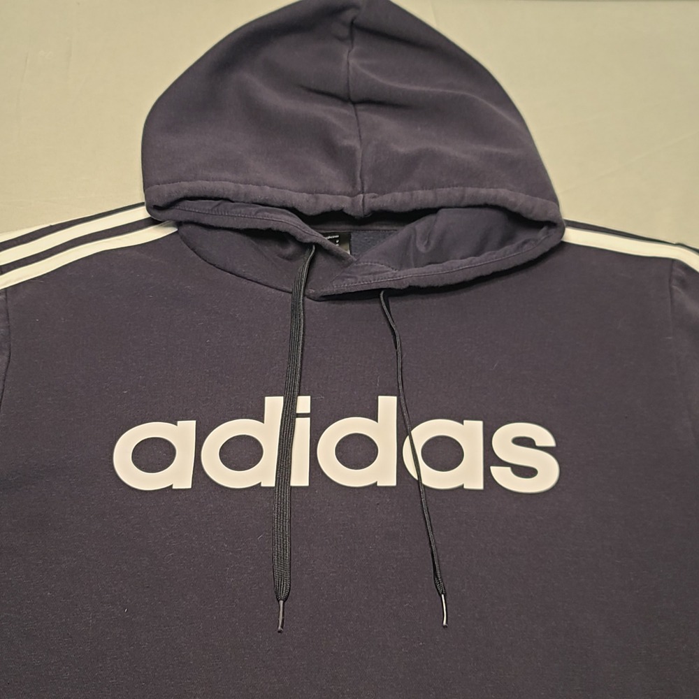 Adidas Hoodie Mens XL Navy Blue 3-Stripe Pullover Logo Distressed Sportswear